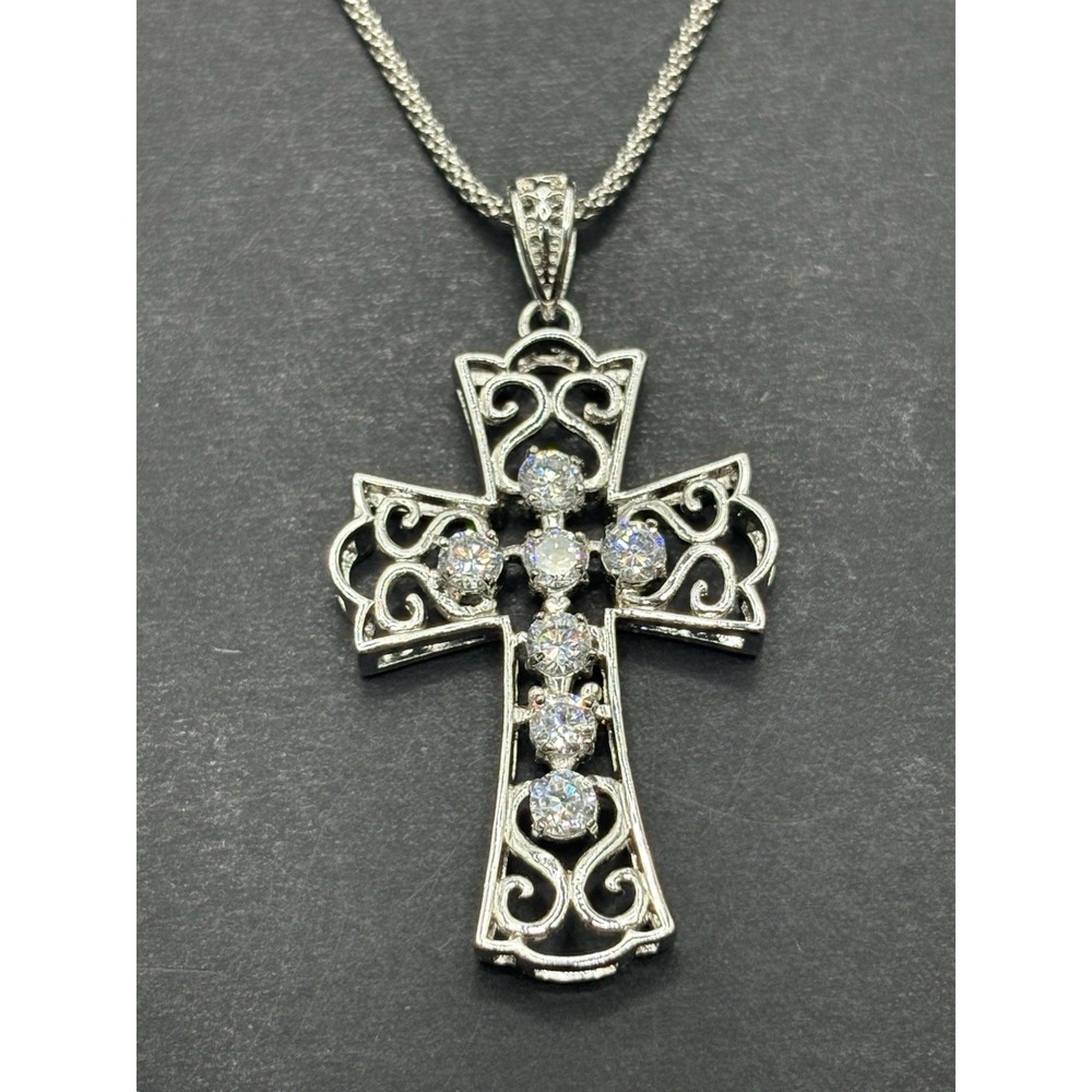 18" Sterling Silver Cubic Zirconia Cross Pendant Necklace 10 Grams 925 H4